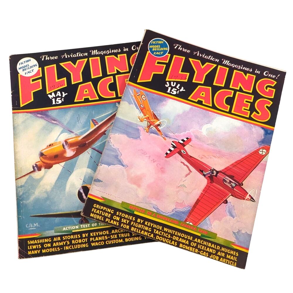 Flying Aces Magazine Lot: May 1936, July 1936 Vintage Pulp Aviation Americana